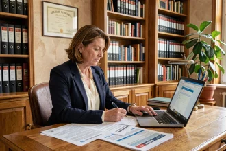 Notaire professionnelle consultant des documents ERP sur son bureau dans une étude notariale française
