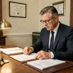 Notaire examinant un rapport d'estimation immobilière dans son bureau traditionnel, documents officiels sur le bureau en acajou