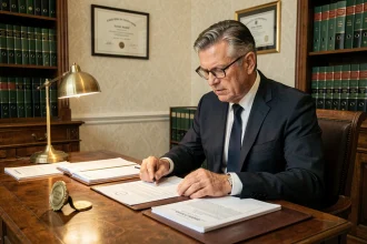 Notaire examinant un rapport d'estimation immobilière dans son bureau traditionnel, documents officiels sur le bureau en acajou