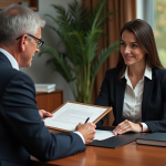 Notaire en costume remet un dossier à une femme dans un bureau moderne