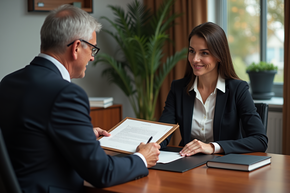 Notaire en costume remet un dossier à une femme dans un bureau moderne