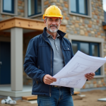 Ouvrier en travaux avec plans devant maison renovée