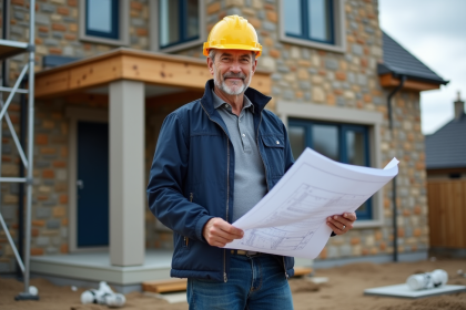 Ouvrier en travaux avec plans devant maison renovée