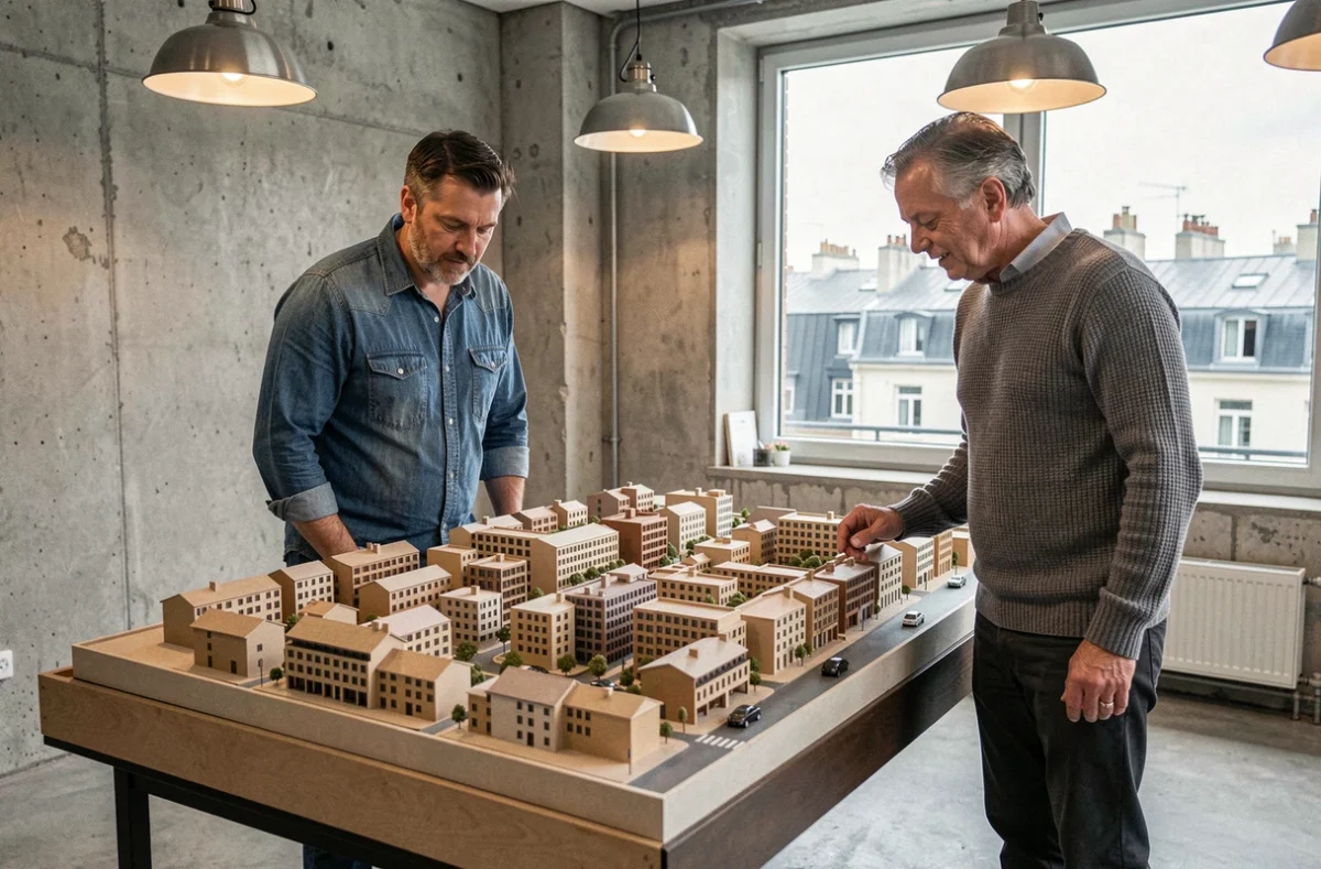 Architectes d'Oyapock Architectes examinant une maquette de projet urbain dans leur agence