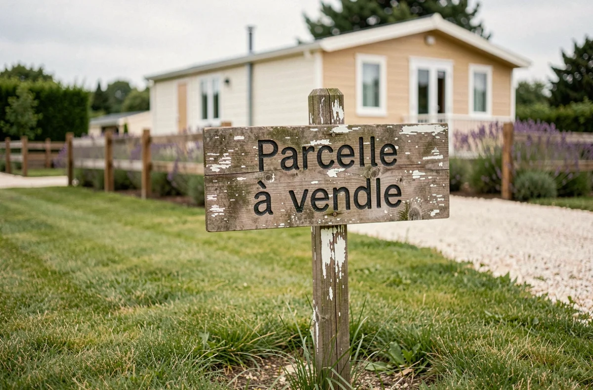 Panneau à vendre planté dans la pelouse d'une parcelle de parc résidentiel de loisirs avec chalet en arrière-plan