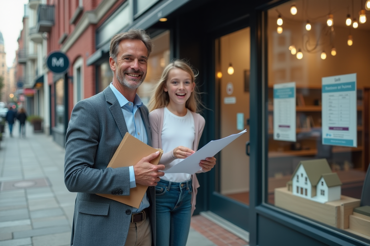 Père seul avec sa fille devant une agence immobiliere en ville