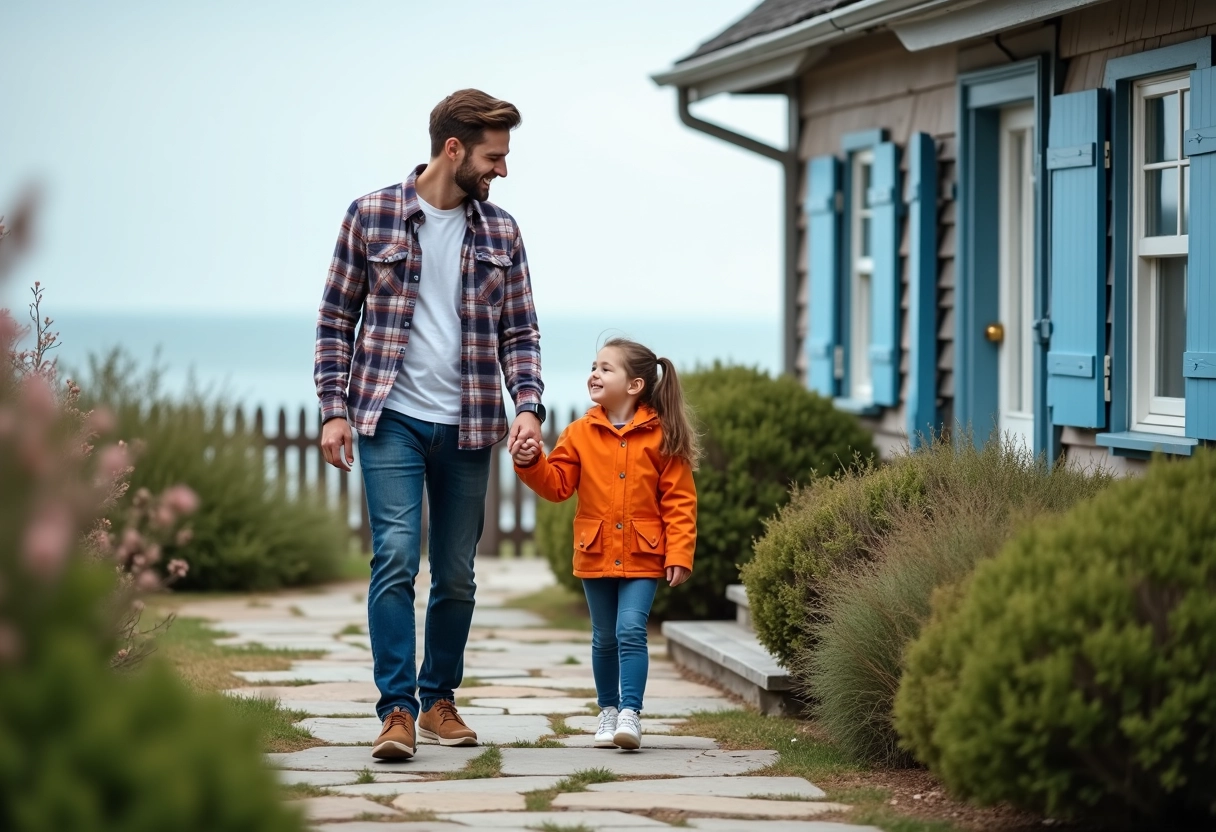 Père et fille marchant sur le chemin près de la maison au bord de la mer
