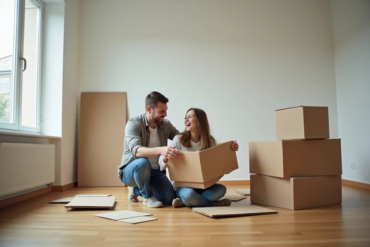 Père et fille riant en assemblant un meuble dans un appartement neuf