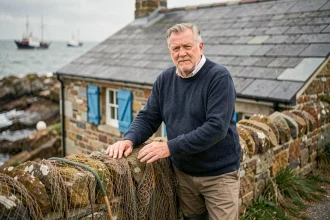 Pêcheur breton devant une petite maison en pierre avec volets bleus au bord de mer en Bretagne