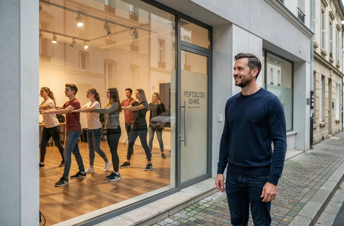 Père rassuré observant son enfant répéter dans un studio de danse à La Roche-sur-Yon depuis la vitrine extérieure