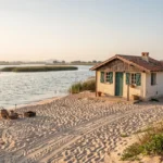 Petite maison de pêcheur sur le lido entre mer et étang