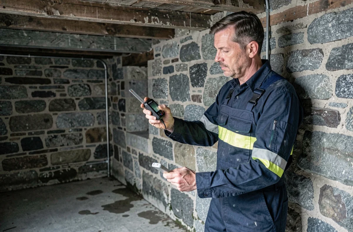 Consultant Piriou Ingénierie effectuant un contrôle structurel en sous-sol d'une maison ancienne du Finistère