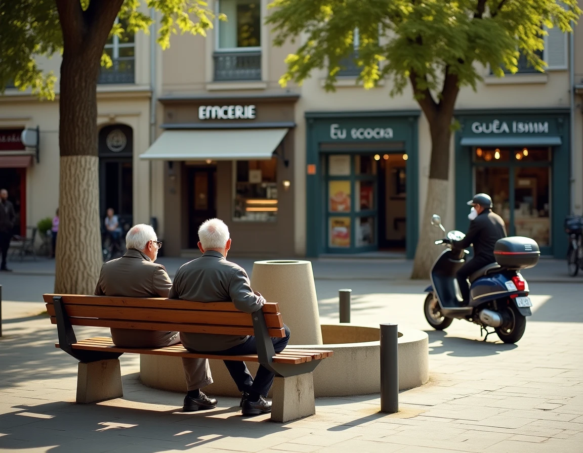 Place publique animée dans un quartier populaire de Montpellier avec résidents et commerces locaux