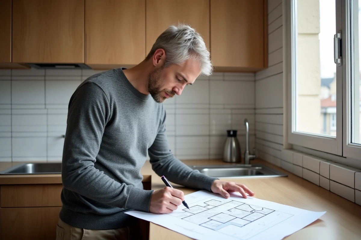 Homme annotant le plan d'un appartement F3 dans une cuisine pour calculer les mètres carrés