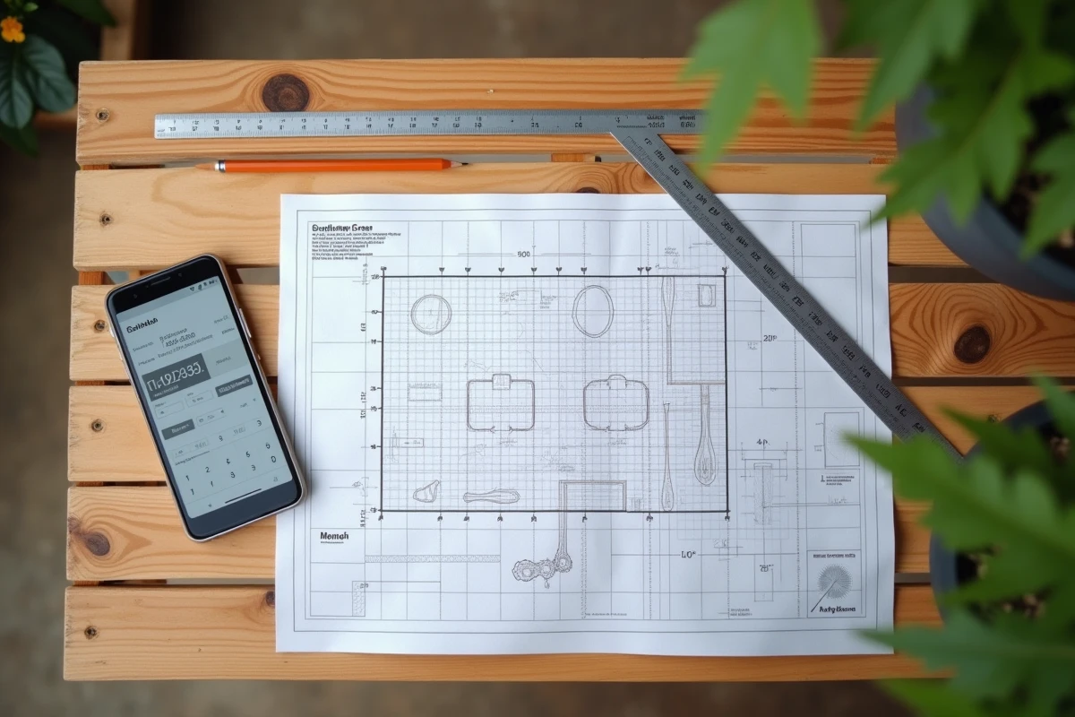 Plan de terrain dessiné à la main avec calculatrice sur smartphone pour simuler l'emprise au sol d'un abri de jardin