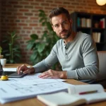 Homme d'une quarantaine d'années planifiant un projet de rénovation rentable sur un bureau en bois avec plans et ordinateur portable