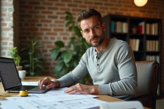 Homme d'une quarantaine d'années planifiant un projet de rénovation rentable sur un bureau en bois avec plans et ordinateur portable
