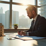Professionnel en costume analysant des documents immobiliers