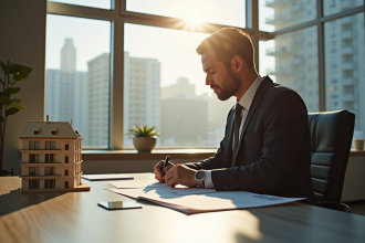 Professionnel en costume analysant des documents immobiliers