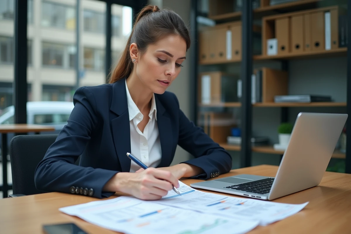 Professionnelle de l'immobilier analysant des documents fiscaux et financiers pour la revente de biens