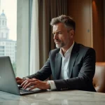 Propriétaire fortuné consultant des annonces immobilières de prestige sur un laptop dans un bureau haut de gamme