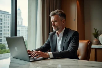 Propriétaire fortuné consultant des annonces immobilières de prestige sur un laptop dans un bureau haut de gamme