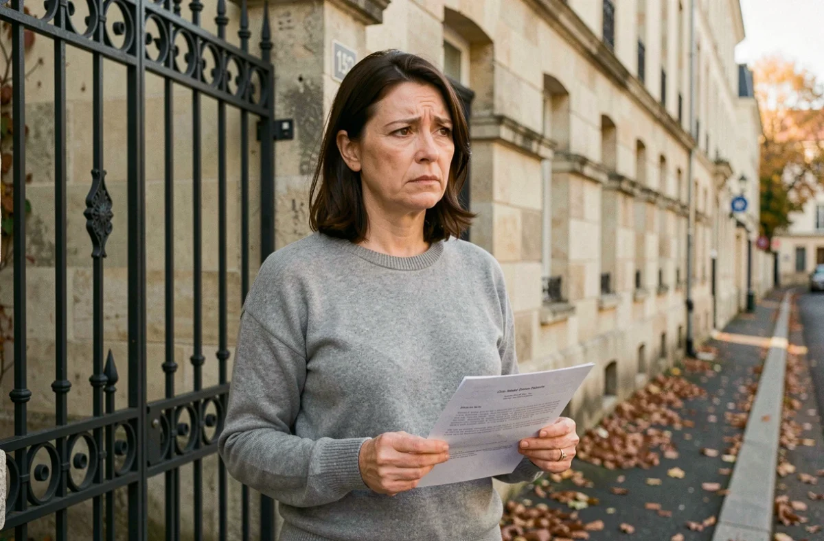 Propriétaire devant un logement vacant tenant un courrier officiel de taxe sur les biens inoccupés