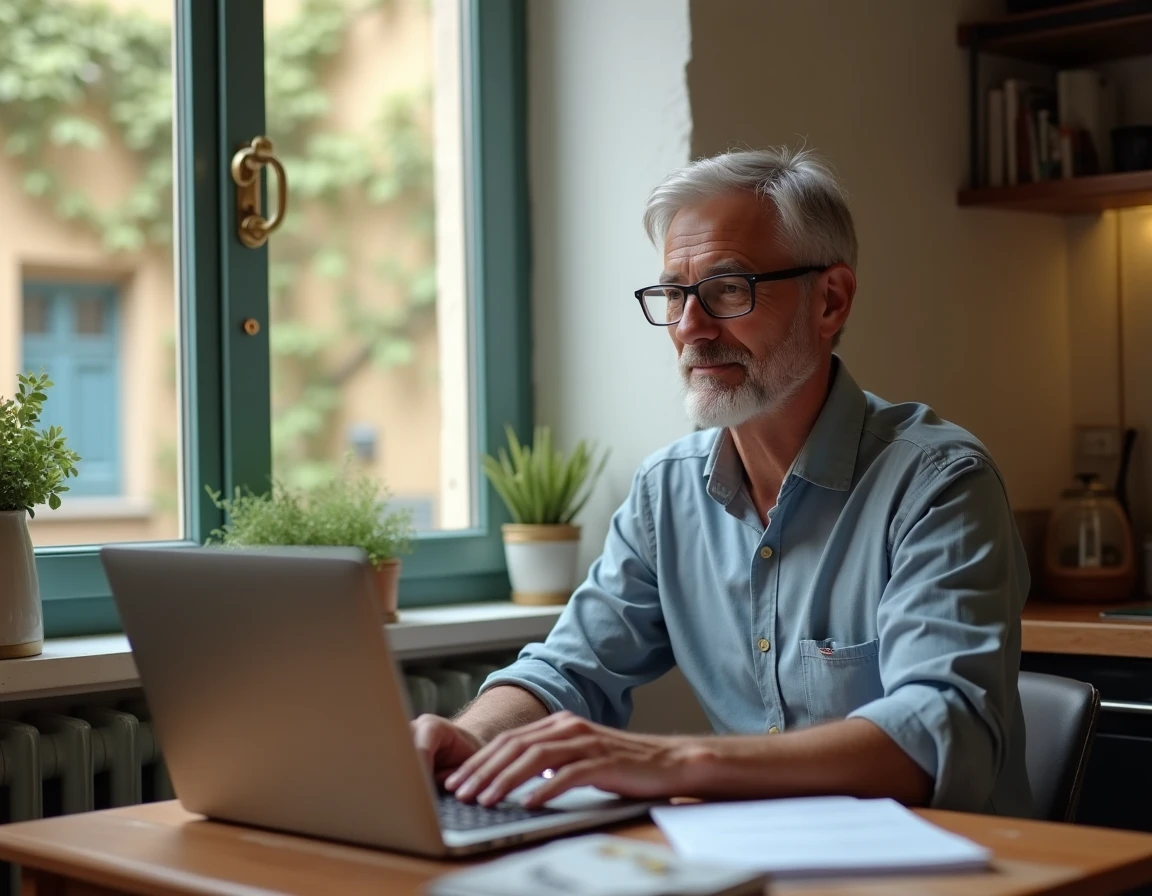 Propriétaire lyonnais consultant un outil d'estimation de loyer en ligne depuis son appartement