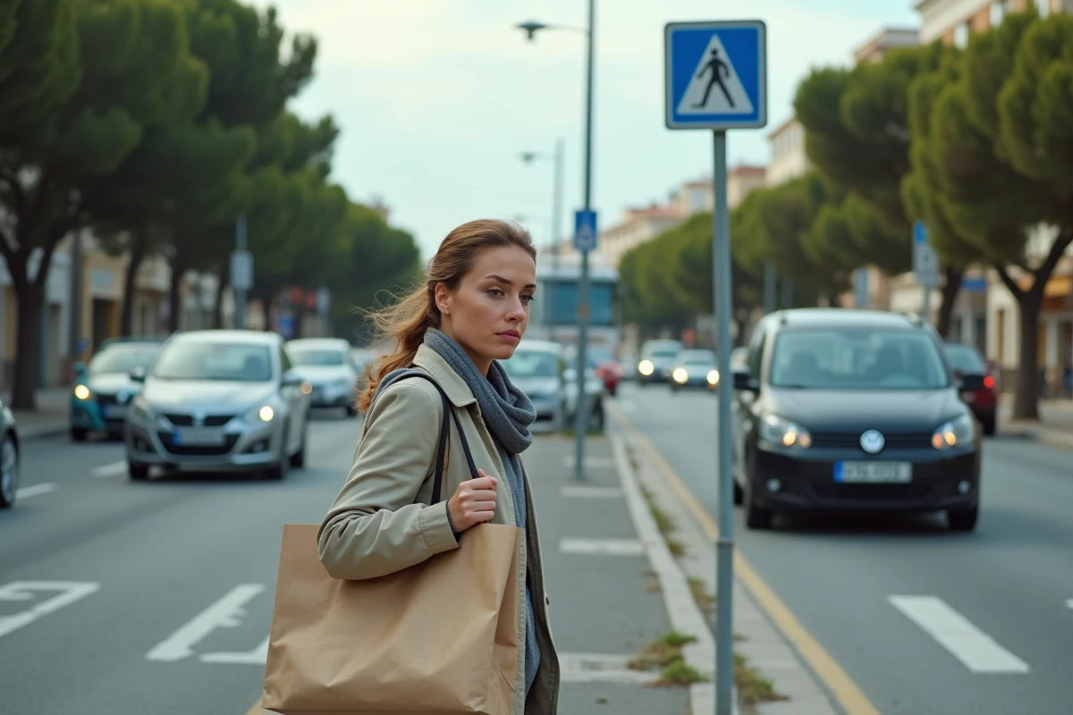 Carrefour urbain à fort trafic dans un quartier bruyant de Fréjus avec piétonne attendant sur le trottoir
