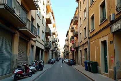 Rue résidentielle d'un quartier populaire de Montpellier avec immeubles anciens et trottoirs animés