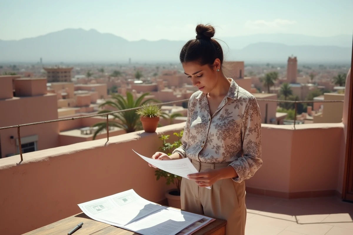 Femme consultant des documents immobiliers sur une terrasse avec vue panoramique sur les toits de Marrakech