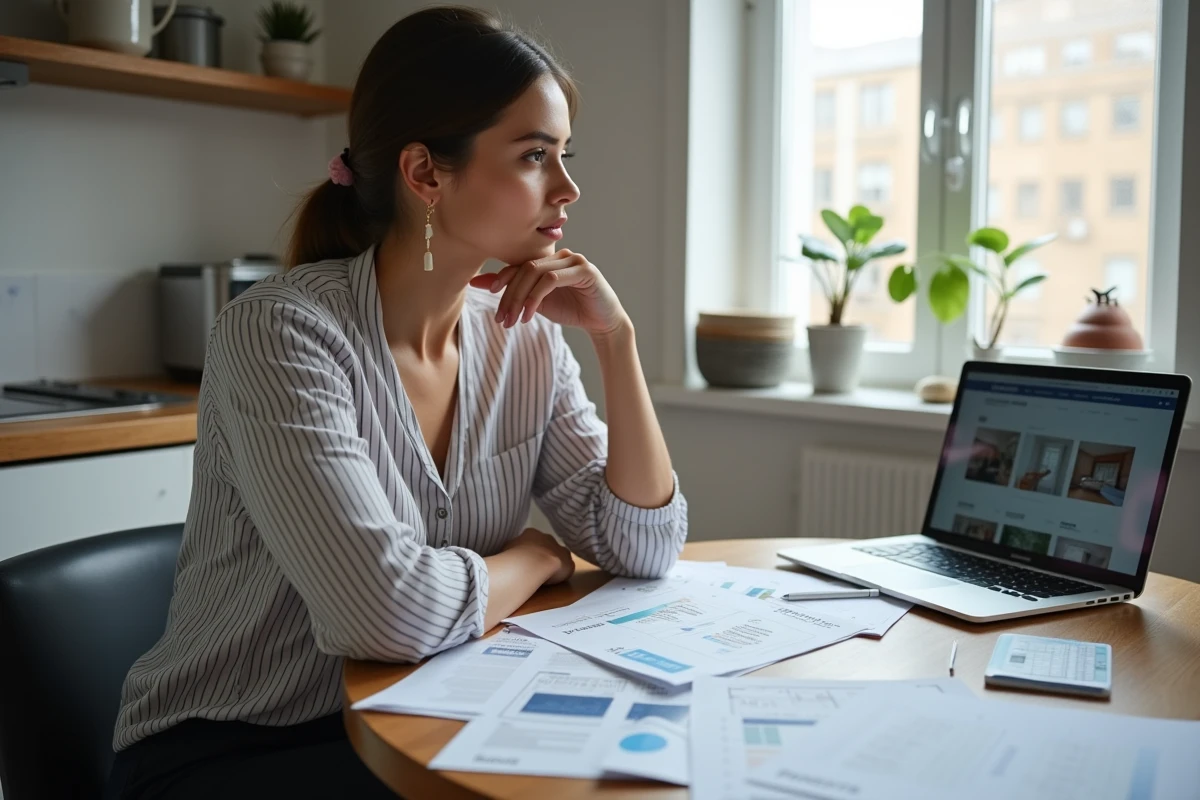 Femme consultant des annonces immobilières pour trouver une maison à louer avec jardin à petit budget en zone tendue