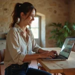 Femme cherchant une maison à louer dans l'Eure sur un ordinateur portable, assise dans une cuisine en pierre de style normand