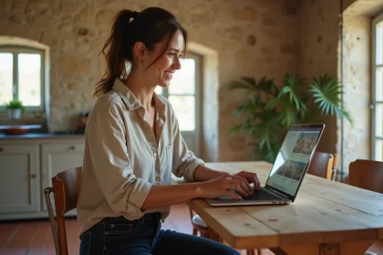 Femme cherchant une maison à louer dans l'Eure sur un ordinateur portable, assise dans une cuisine en pierre de style normand
