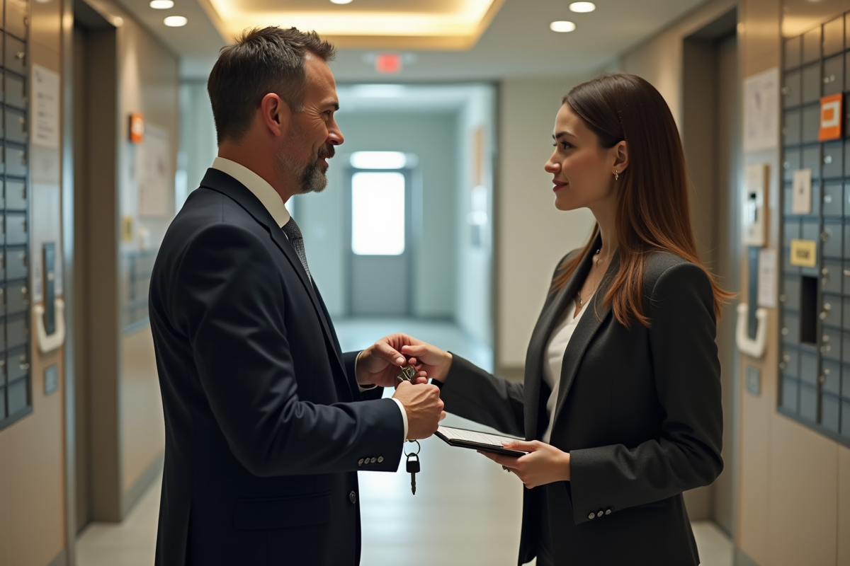 Homme remettant des clés à une jeune femme dans un hall d