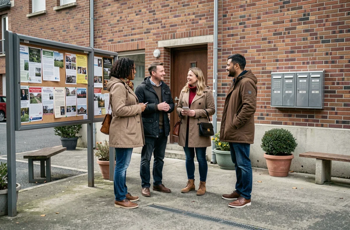 Groupe de résidents discutant sur une place publique d'un quartier de Maisons-Alfort avec panneau d'affichage communautaire