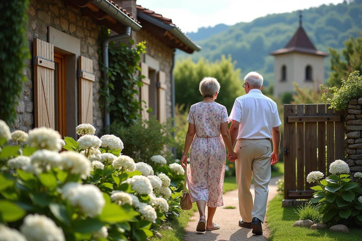 Couple de retraités se promenant dans le jardin d'une petite maison à louer en pierre dans le Puy-de-Dôme