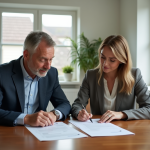 Couple d'affaires examinant des documents immobiliers dans un salon lumineux