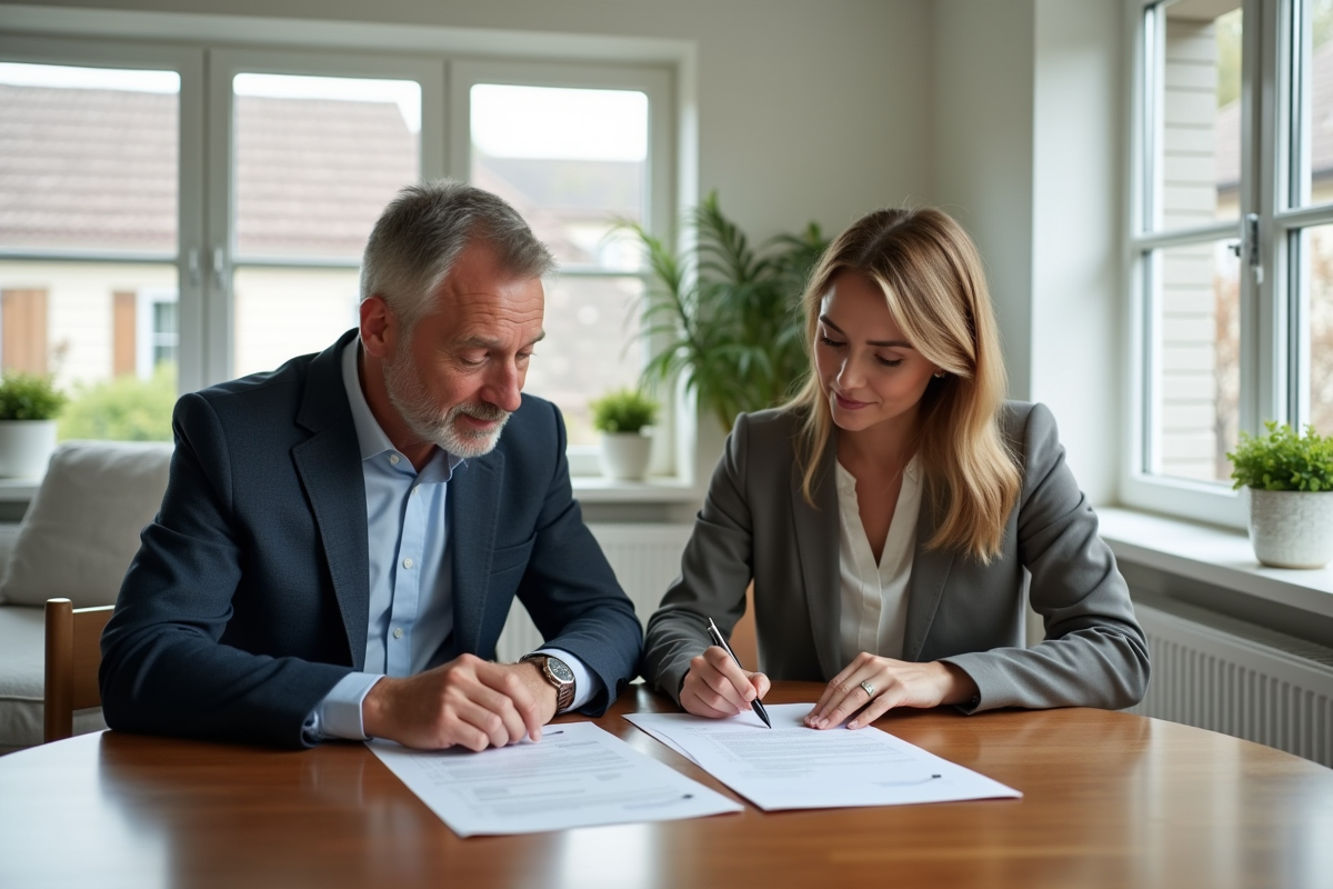 Couple d'affaires examinant des documents immobiliers dans un salon lumineux