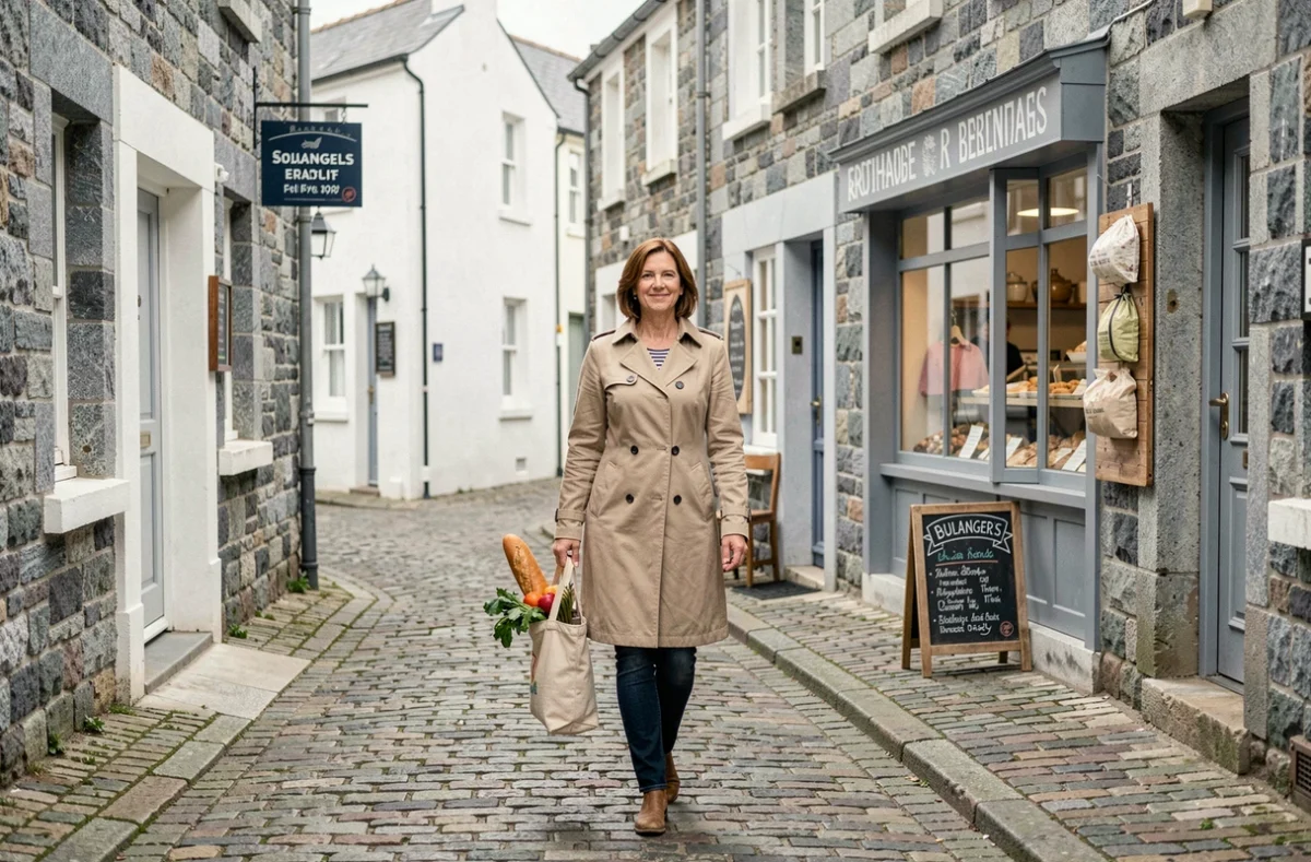Rue commerçante proche du port de Concarneau avec commerces de proximité, quartier idéal pour une location annuelle
