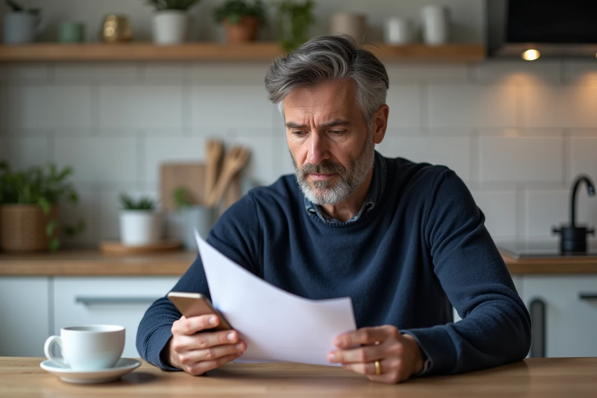 Salarié consultant son smartphone et un document imprimé pour suivre les étapes d'obtention d'un code Action Logement