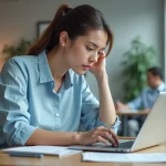 Salariée remplissant un formulaire en ligne pour obtenir un code Action Logement sur son ordinateur portable au bureau