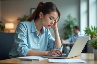 Salariée remplissant un formulaire en ligne pour obtenir un code Action Logement sur son ordinateur portable au bureau