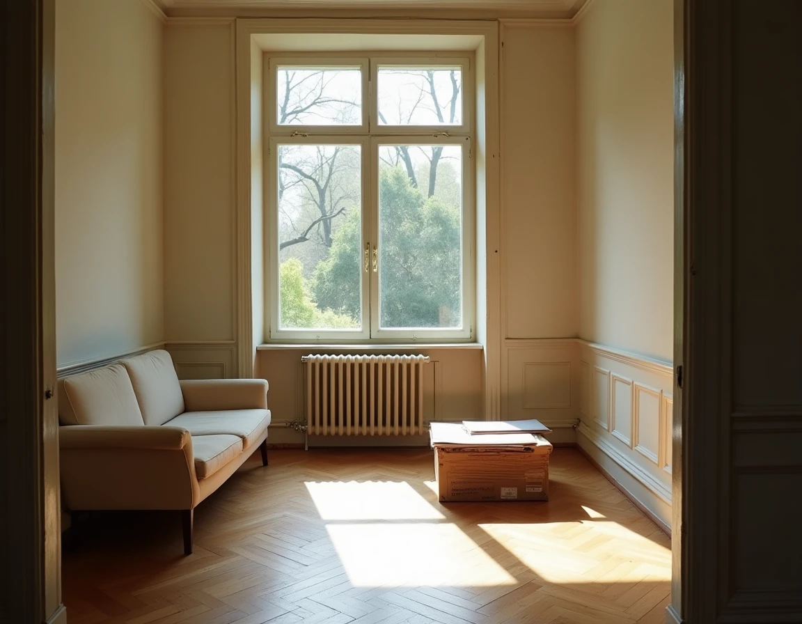 Salon vide avec cartons et papiers dans une maison en vente rapide pour cause de divorce en Saône-et-Loire