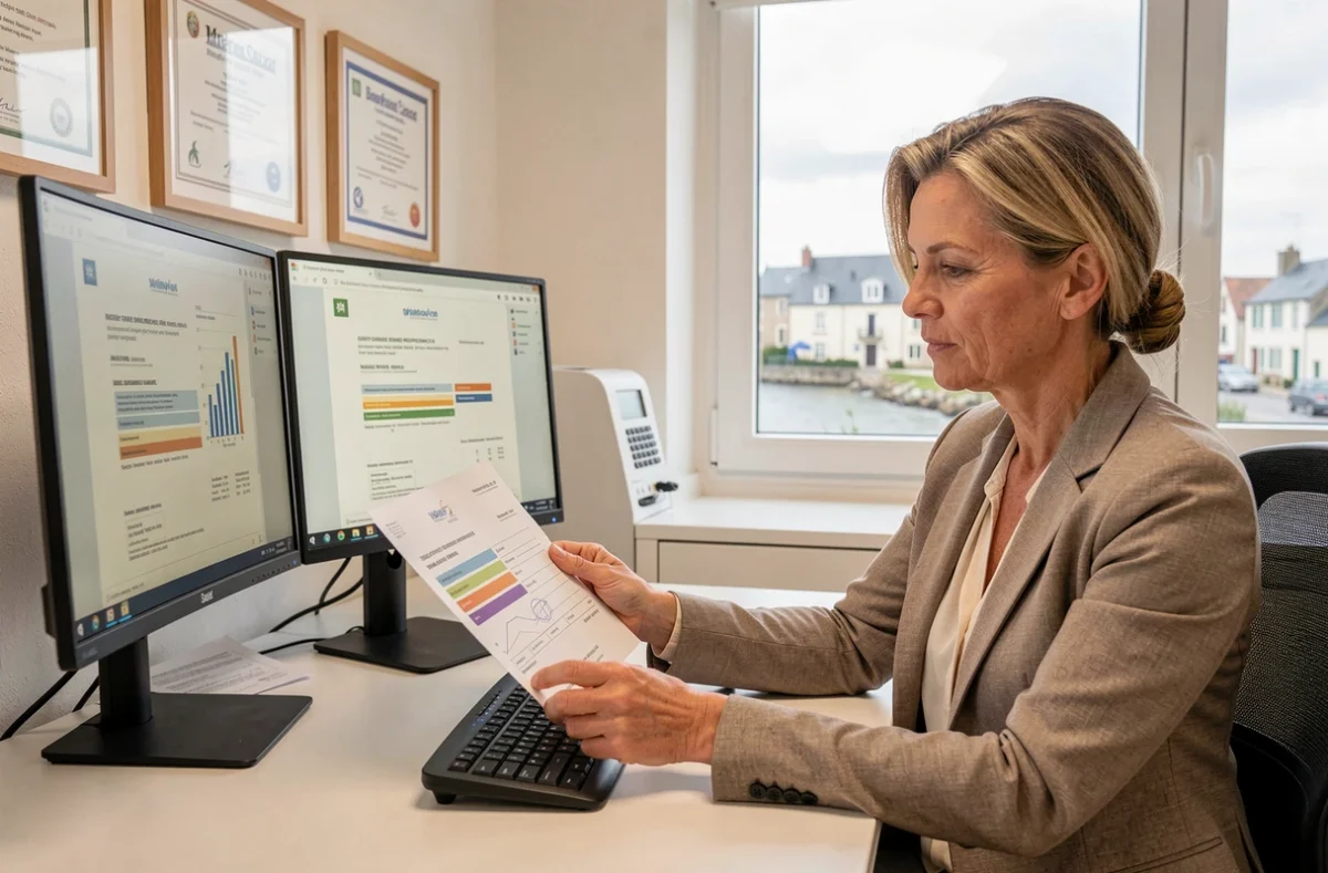 Diagnostiqueure SARL Upsilon révisant un Diagnostic de Performance Énergétique sur ordinateur dans un bureau moderne