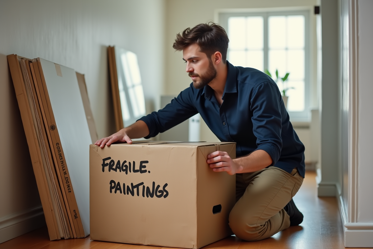 Jeune homme scotchant un carton fragile dans un couloir