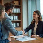 Agent immobilier signant un contrat avec un jeune couple pour sécuriser un premier projet immobilier