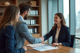Agent immobilier signant un contrat avec un jeune couple pour sécuriser un premier projet immobilier