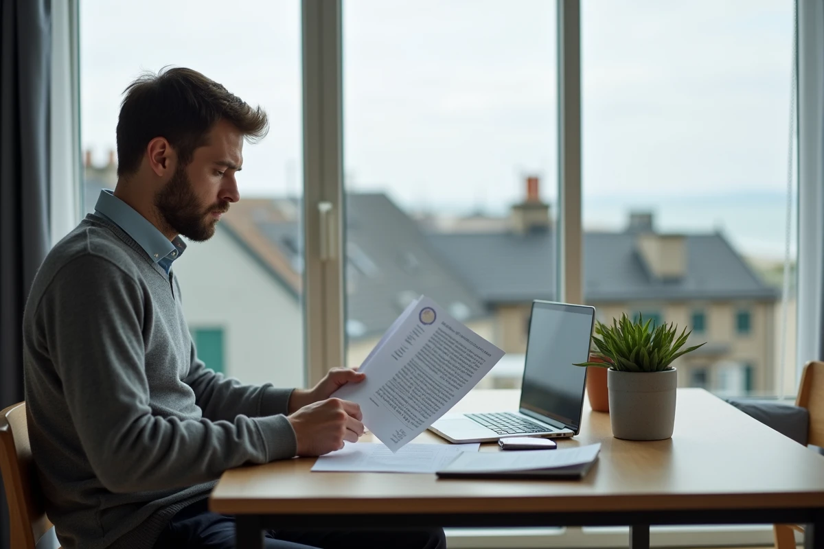 Homme signant des documents notariaux pour un achat immobilier en Normandie face à la mer