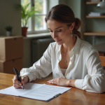 Femme signant un contrat de location dans un intérieur cosy